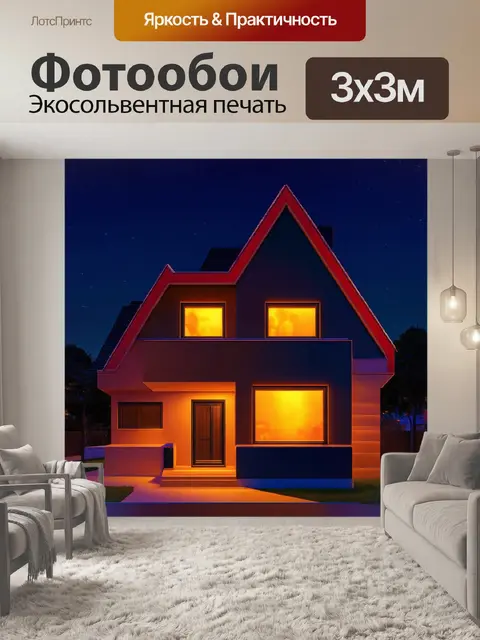 Фотообои ночь в стиле кубизм: дом с окнами, светящимися теплым светом, представленный в игривом абстрактном стиле