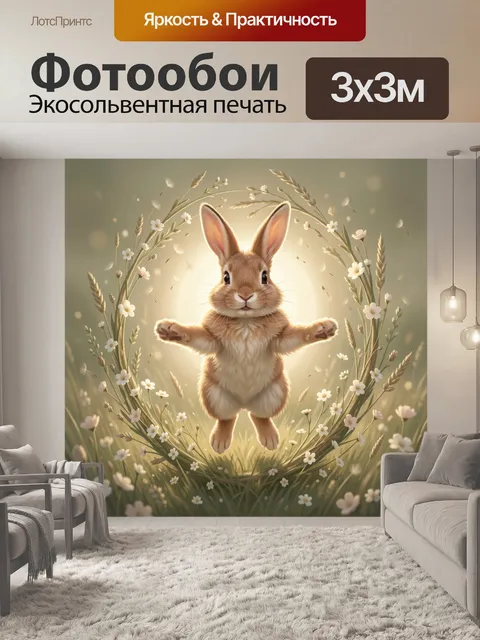 Фотообои Пушистый зайчонок в цветочном венке