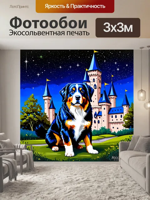 Фотообои бернский зенненхунд на фоне величественного замка под ночным небом, полным звезд