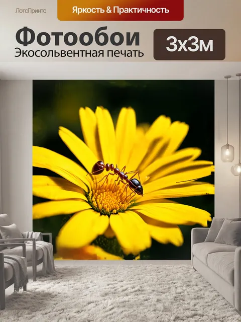Фотообои на первом плане изображён муравей, медленно ползущий по яркому желтому цветку