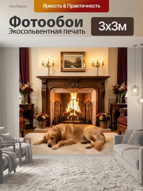 Фотообои Золотистый ретривер у камина