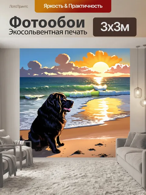 Фотообои спокойная сцена на пляже с ньюфаундлендской собакой, осматривающей морские волны на закате