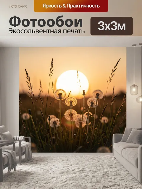 Фотообои Одуванчики в поле на закате