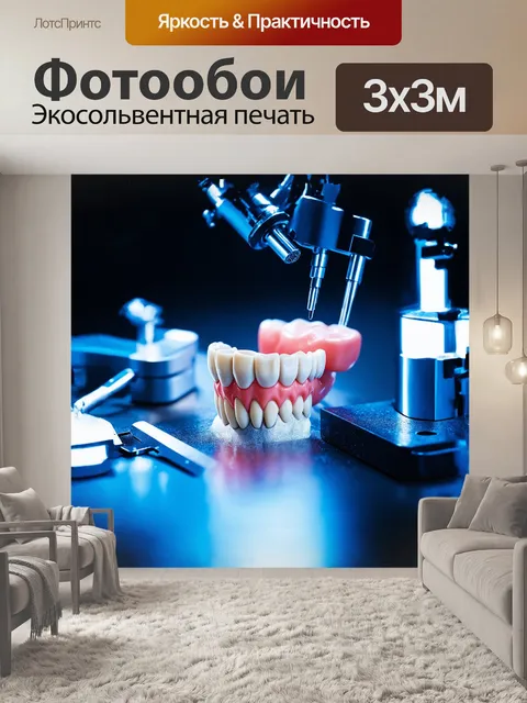 Фотообои зубные протезы, изготовленные с исключительной точностью, сияют на столе зубного техника