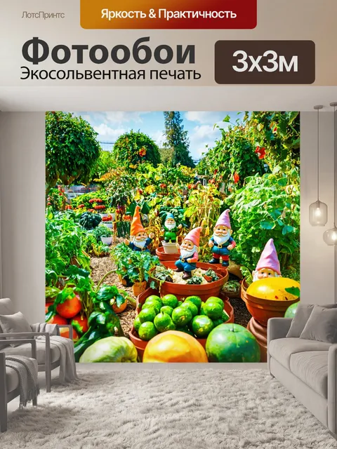 Фотообои сказка причудливый огород, полный гигантских овощей и фруктов, где маленькие гномы ухаживают за растениями