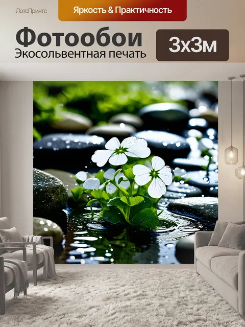 Фотообои сцена, где белый клевер растёт среди влажных камней, на них сверкают капли дождя, отражающие солнечный свет
