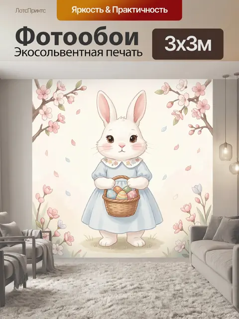 Фотообои Белый кролик с пасхальной корзиной