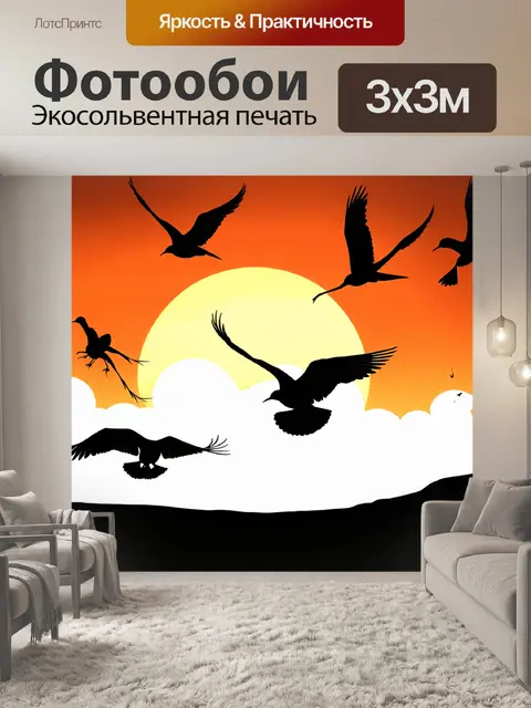 Фотообои черно-белый: грациозные фигуры птиц, парящих в небесах, на фоне загорелого заката