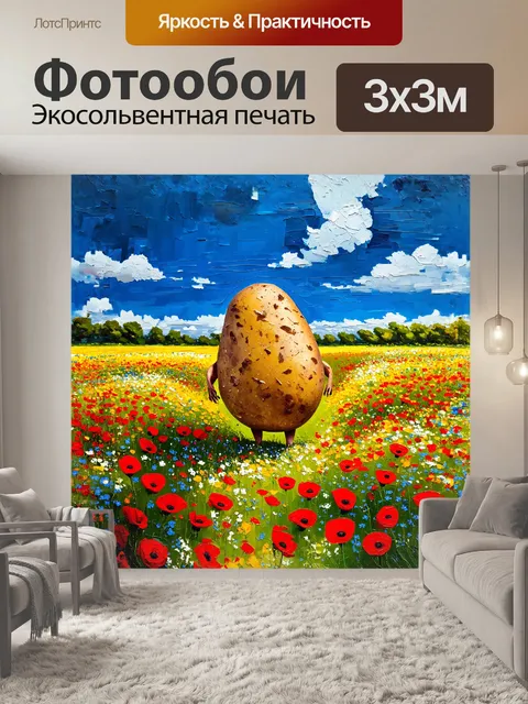 Фотообои мистер картофель, утопающий в цветах, стоит на ярком цветочном лугу, где расцветают алые маки и незабудки