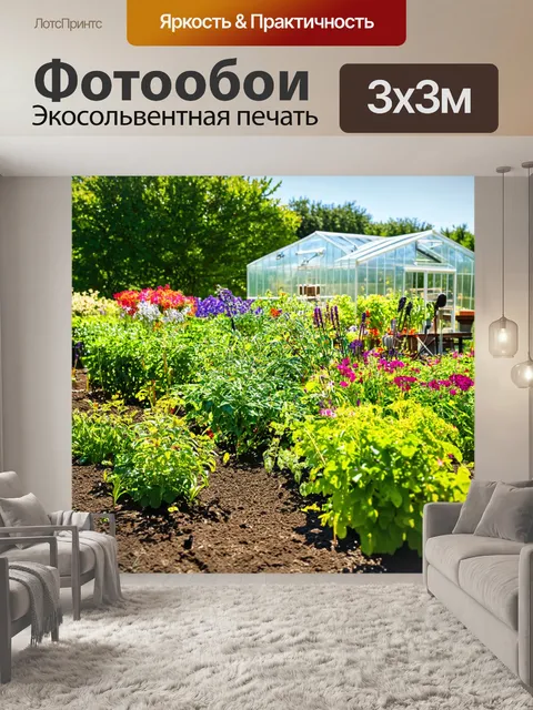 Фотообои садоводческое хозяйство с цветущими растениями, инструментами для работы в земле и теплицей на заднем плане