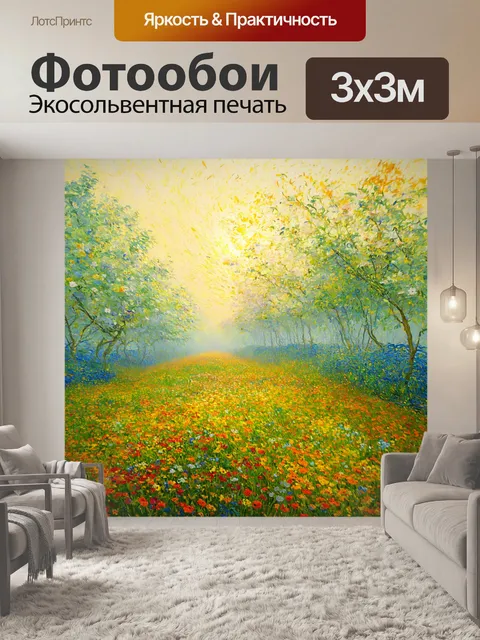 Фотообои туман в стиле ван гога, с яркими цветами, пробивающимися сквозь утренний туман