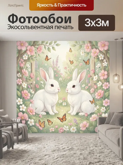 Фотообои Два белых кролика среди цветов
