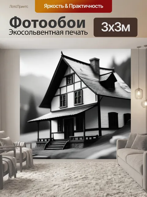 Фотообои пейзаж с домом нарисованный чернобелый