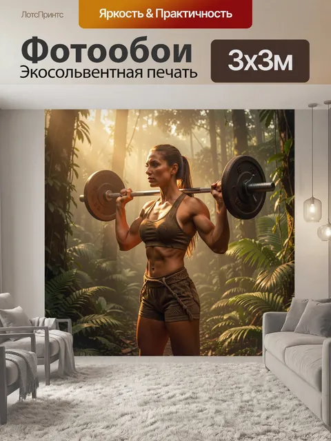 Фотообои Спортсменка с грифом в джунглях