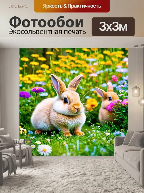 Фотообои животные в стиле полароидная фотография, пушистые кролики, которые играют в весеннем саду, окруженные цветами