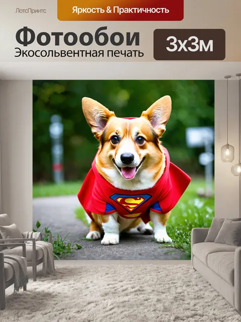 Фотообои корги в костюме супергероя, готовый к приключениям