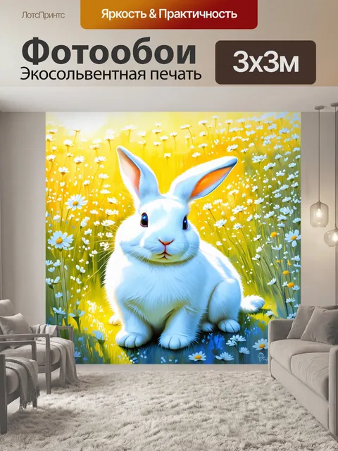 Фотообои мягкий белый кролик сидит среди цветущих полевых цветов, медитируя на ярком солнце
