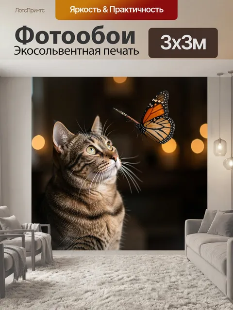 Фотообои Кот и бабочка в свете