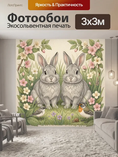 Фотообои Два кролика среди весенних цветов