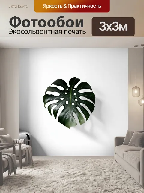 Фотообои единственный лист монстеры в минималистичном интерьере, повешенный на белой стене