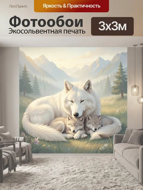 Фотообои Белая волчица с волчатами в горах