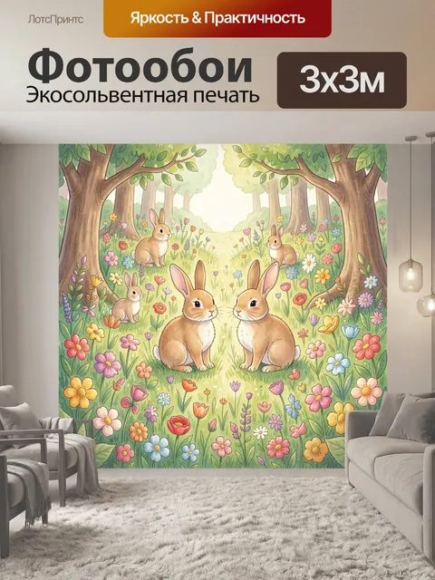 Фотообои Зайцы в цветущем лесу