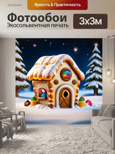 Фотообои хлебный домик, украшенный сахарной глазурью и сладостями, среди снежного пейзажа
