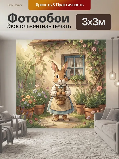Фотообои Заяц в саду с корзинкой
