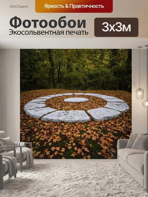 Фотообои камень, где таинственные круги, сделанные из белого камня, выложены на фоне густого леса, создавая чувство…