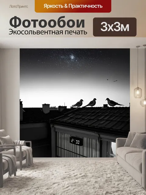 Фотообои ночное небо, усыпанное звездами, над городскими крышами, где счётчик на табло-стенде показывает время