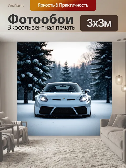 Фотообои спортивный автомобиль на фоне зимнего пейзажа с падающим снегом
