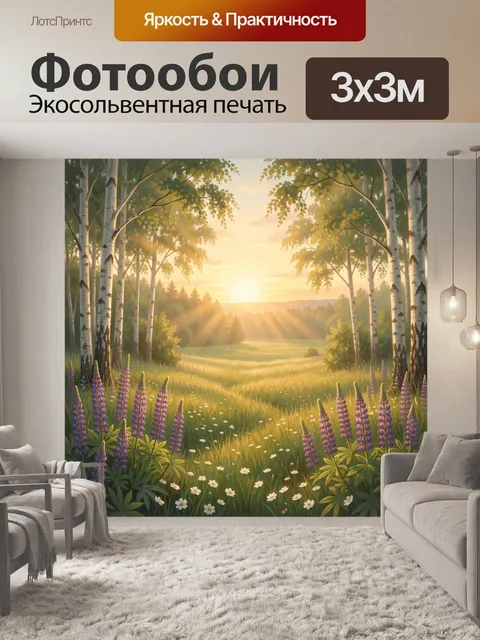 Фотообои Солнечная березовая поляна с цветами