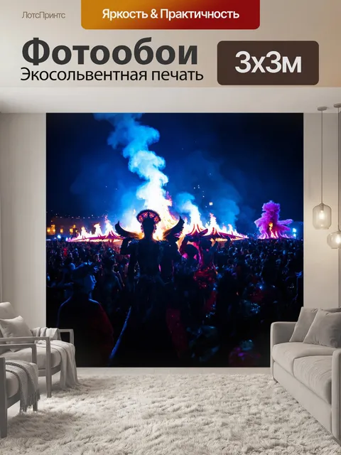 Фотообои темный фон, на котором ярко пылает рейв-фестиваль с артистами, свето-музыкой и экстравагантными костюмами,
