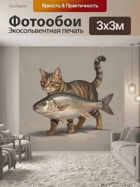 Фотообои Кот с рыбой на сером фоне