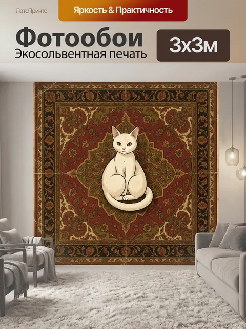 Фотообои Белый кот на восточном ковре
