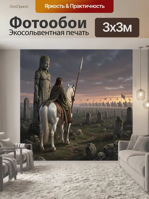 Фотообои Воин на белом коне у статуи