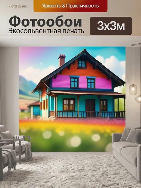 Фотообои рисовать пейзаж с домом разноцветный
