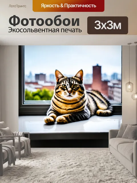 Фотообои кошка, лежащая на подоконнике с видом на город