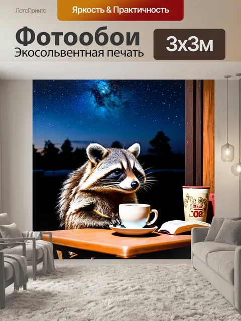 Фотообои енот, сидящий под звездным небом в уютном кафе на открытом воздухе, с чашкой кофе и книгой, погруженный в…