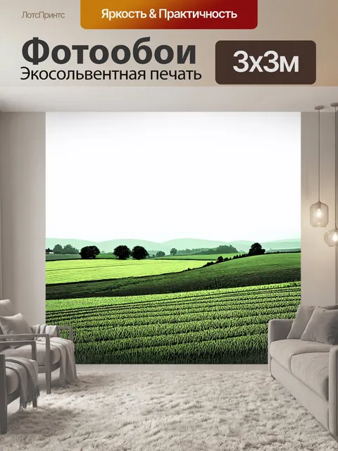 Фотообои туман в стиле однострочный рисунок, показывающие сельский пейзаж с полями в тумане