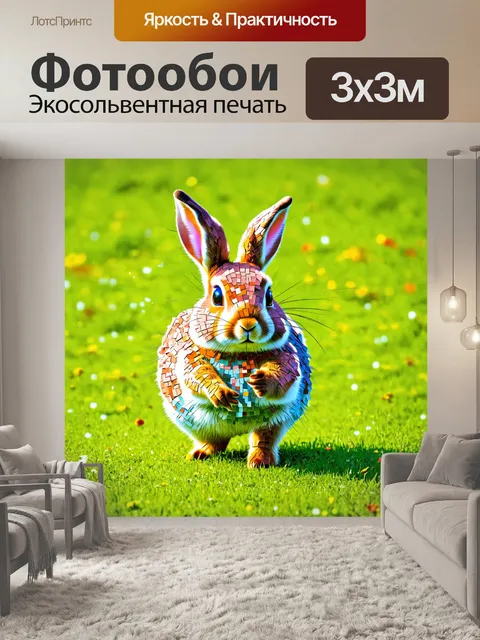 Фотообои животные в стиле мозаика, симпатичный кролик с мозаичным мехом, скачущий по полю