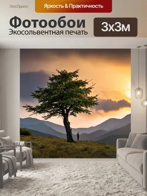 Фотообои дерево, стоящее на фоне гор и гледящее на облака на закате