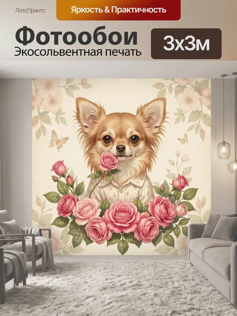 Фотообои Чихуахуа с розой среди цветов
