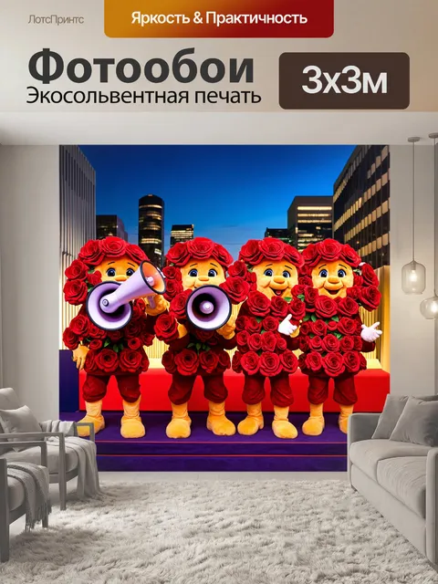 Фотообои розы в стиле маскот, с розами, устройщими собственное шоу, с мегафонами и сценой, фон — вечерний город с…