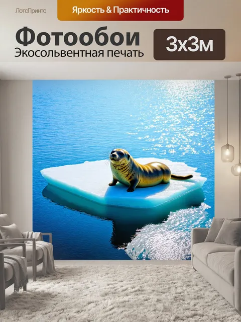 Фотообои тюлень, лежащий на льдине в океане, медитируя, когда солнечные лучи отражаются от поверхностей воды