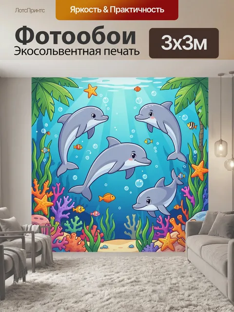 Фотообои Дельфины, рыбы и звезды в море