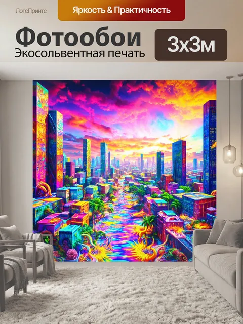 Фотообои город в стиле психоделизм, небо, наполненное разноцветными узорами и фантастическими существами