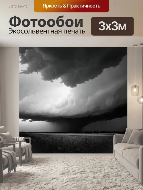 Фотообои черно-белый с небом, затянутым стальными облаками, где грозы в изобилии свисают, готовясь к буре