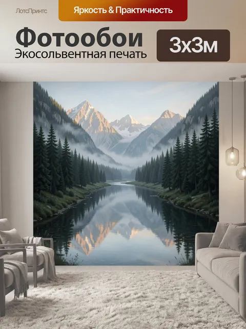 Фотообои Горная долина с рекой и елями