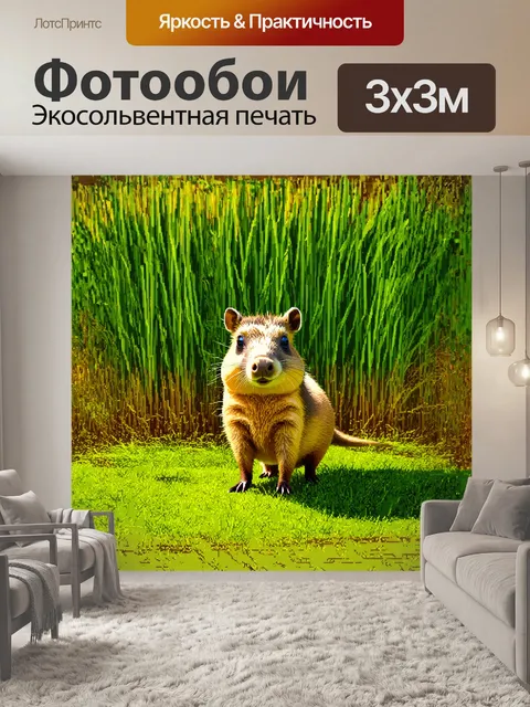 Фотообои одиночная капибара стоит на фоне зелёных тростников